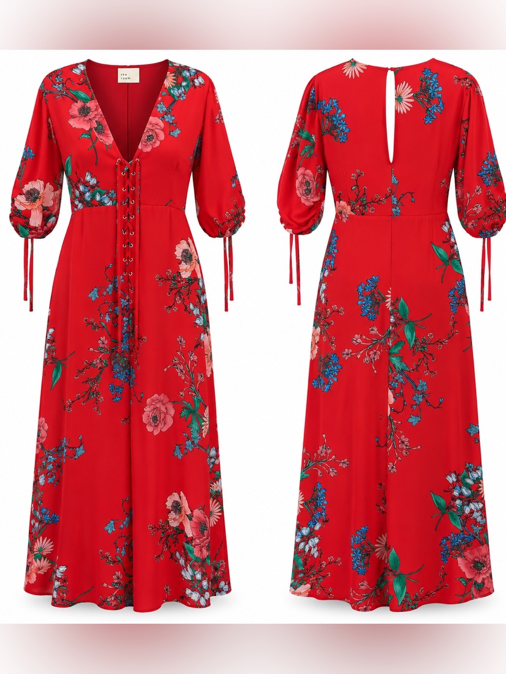 the room Red Floral Lace-Up Maxi Dress